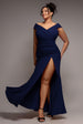 Goddiva Plus Scuba Crepe Off Shoulder Front Split Maxi Dress - Navy Blue