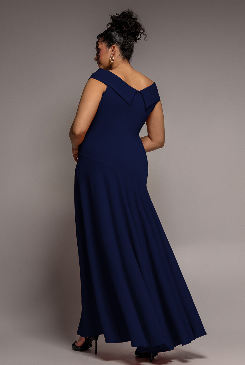 Goddiva Plus Scuba Crepe Off Shoulder Front Split Maxi Dress - Navy Blue