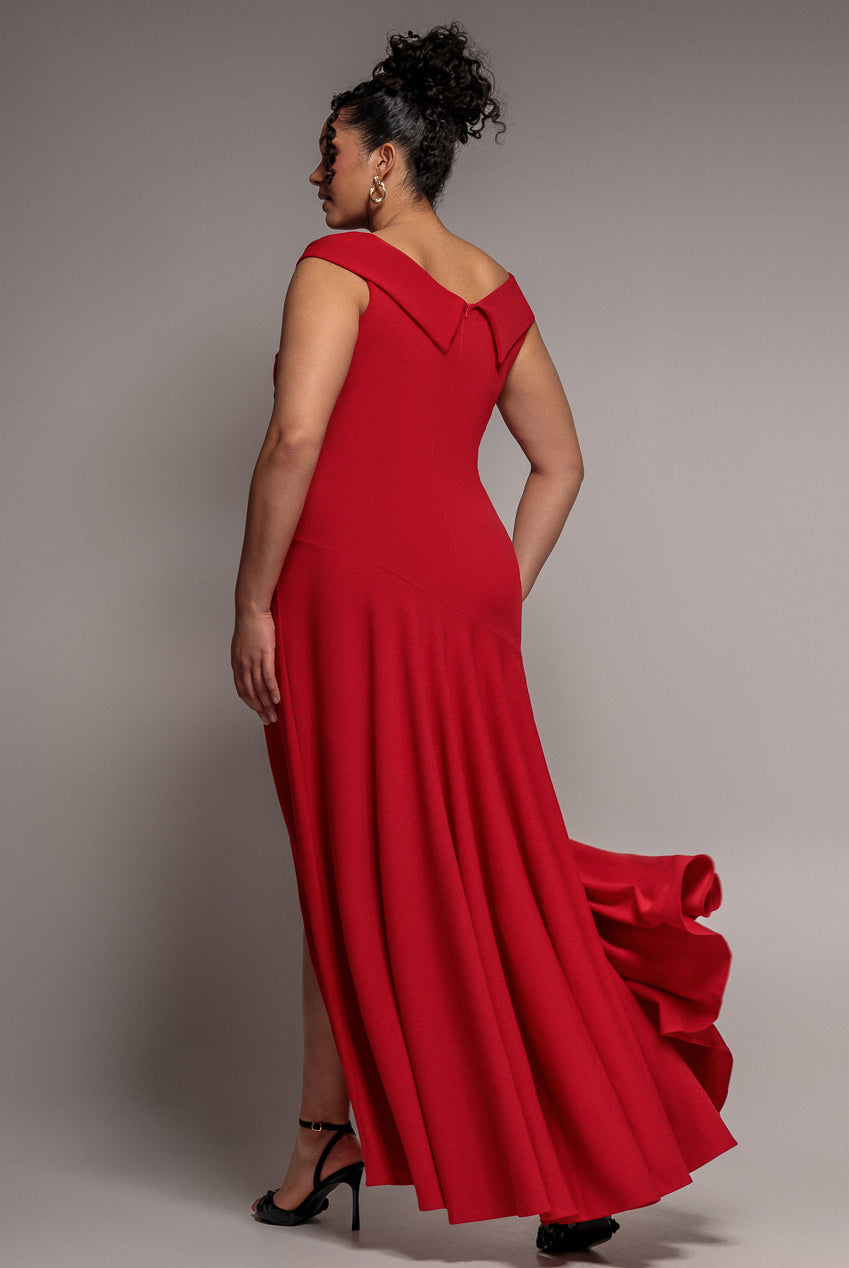 Goddiva Plus Scuba Crepe Off Shoulder Front Split Maxi Dress - Red