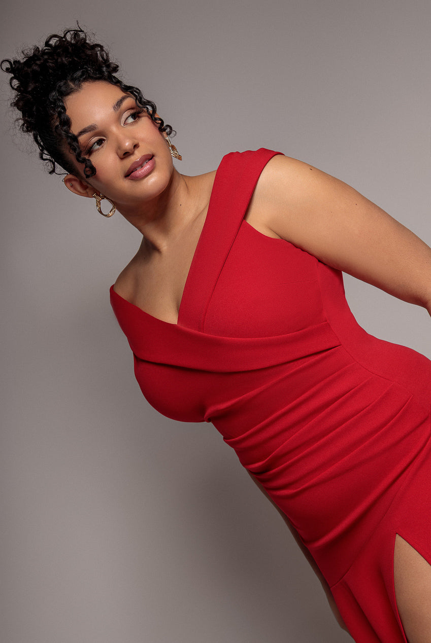 Goddiva Plus Scuba Crepe Off Shoulder Front Split Maxi Dress - Red
