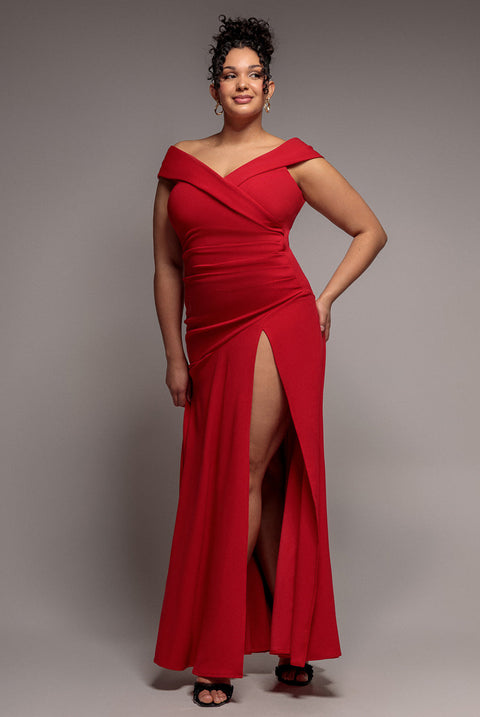 Goddiva Plus Scuba Crepe Off Shoulder Front Split Maxi Dress - Red