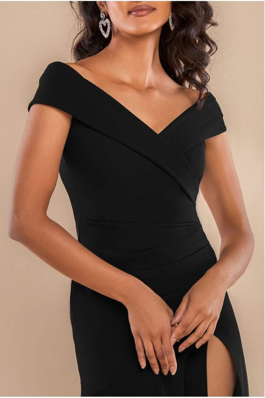 Goddiva Scuba Crepe Off Shoulder Front Split Maxi Dress - Black