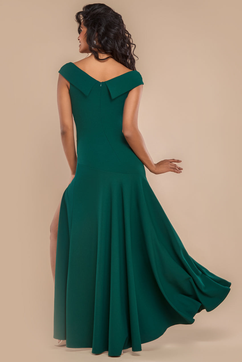 Goddiva Scuba Crepe Off Shoulder Front Split Maxi Dress - Emerald Green