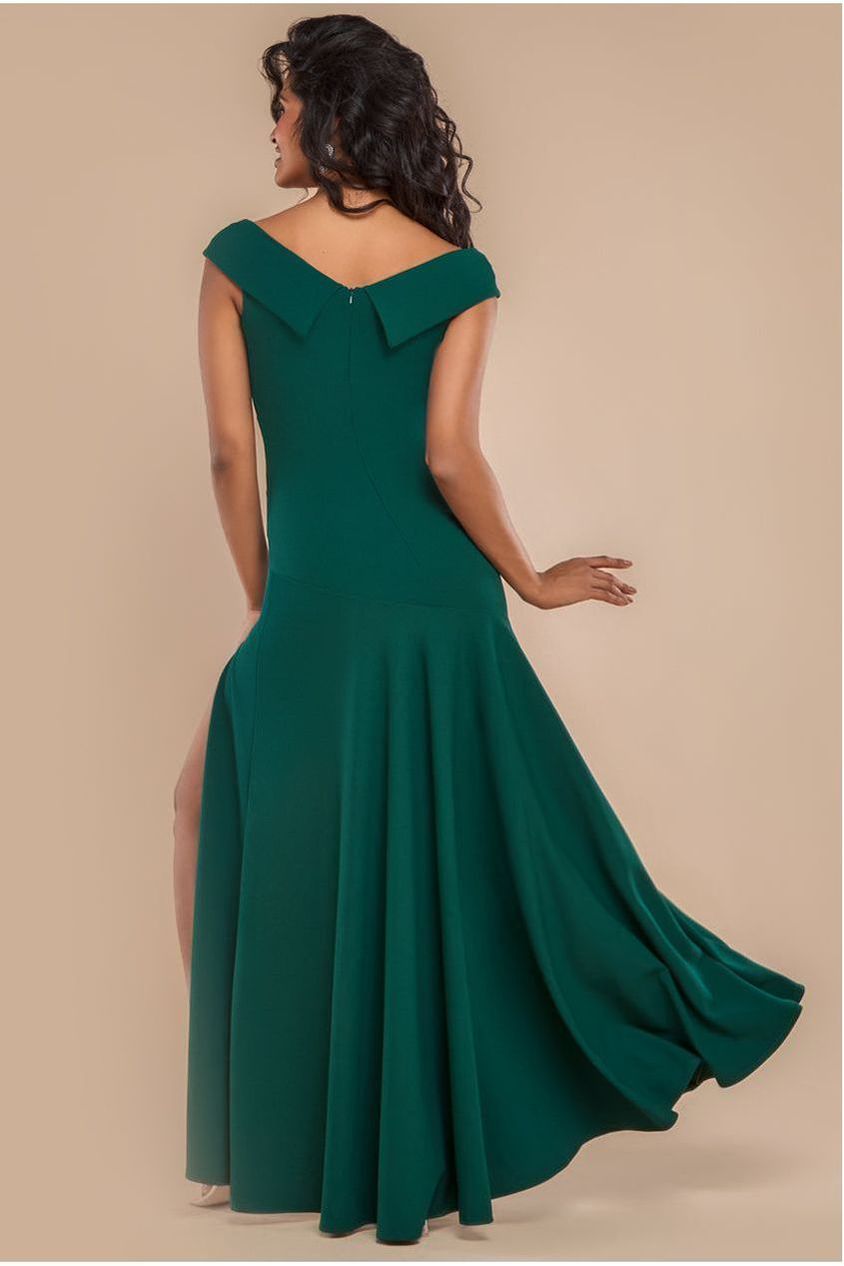 Goddiva Scuba Crepe Off Shoulder Front Split Maxi Dress - Emerald Green
