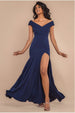 Goddiva Scuba Crepe Off Shoulder Front Split Maxi Dress - Navy Blue