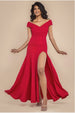 Goddiva Scuba Crepe Off Shoulder Front Split Maxi Dress - Red