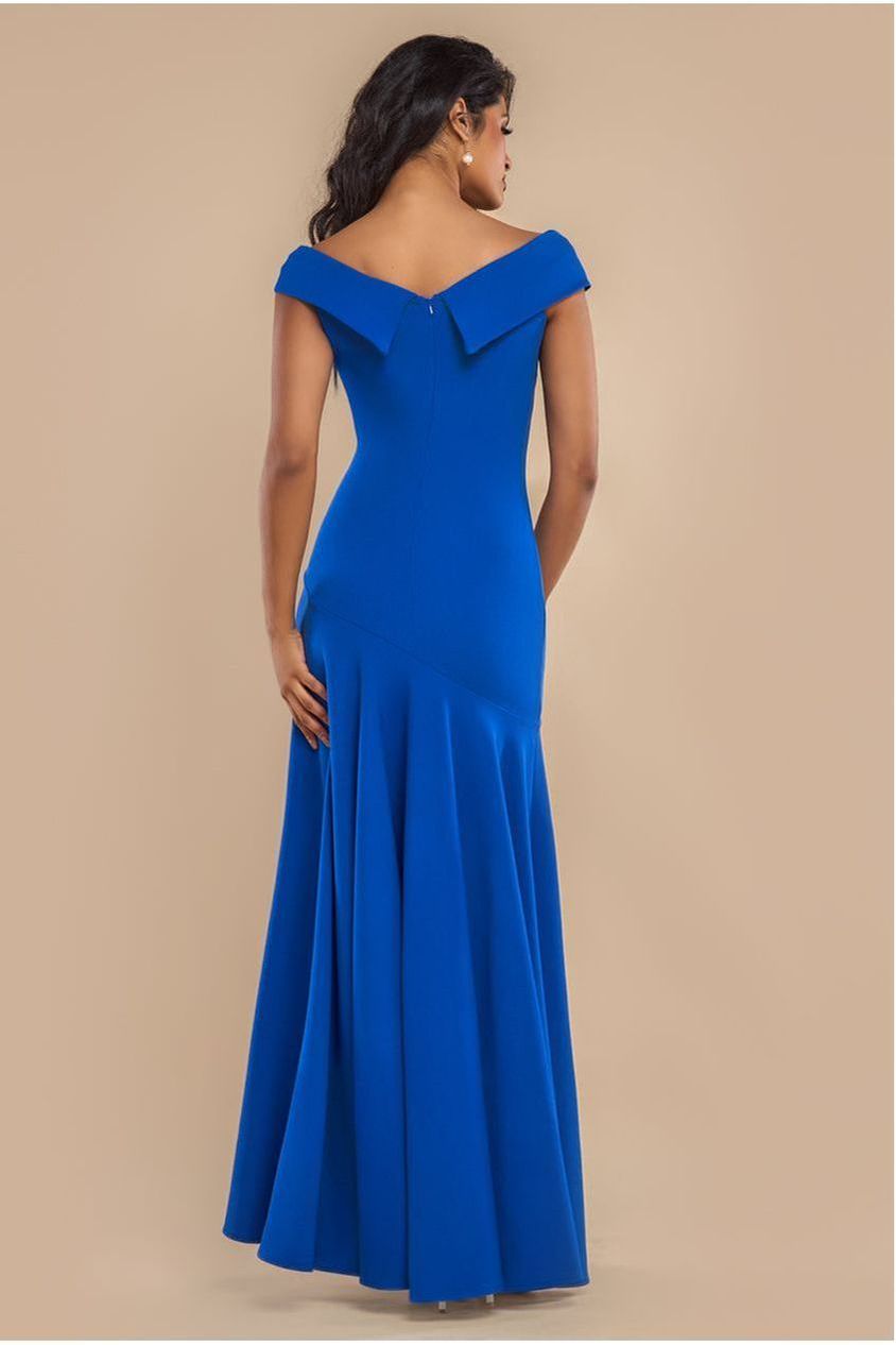 Goddiva Scuba Crepe Off Shoulder Front Split Maxi Dress  - Royal Blue