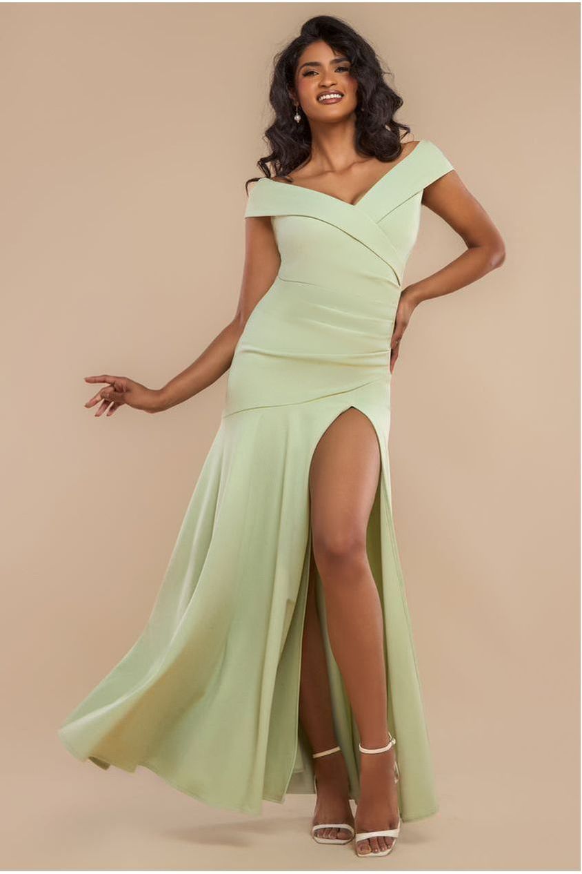 Goddiva Scuba Crepe Off Shoulder Front Split Maxi Dress - Sage Green