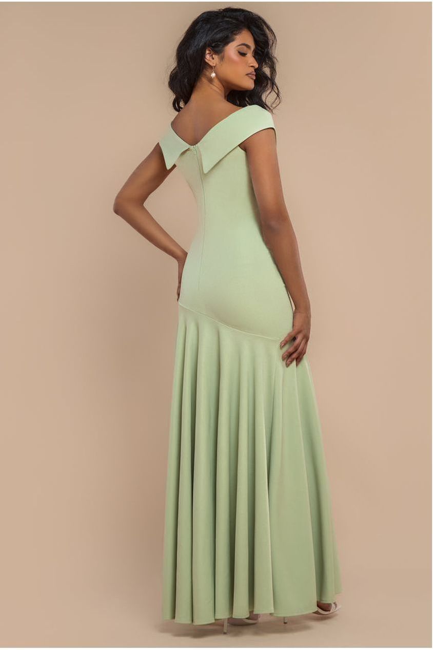 Goddiva Scuba Crepe Off Shoulder Front Split Maxi Dress - Sage Green
