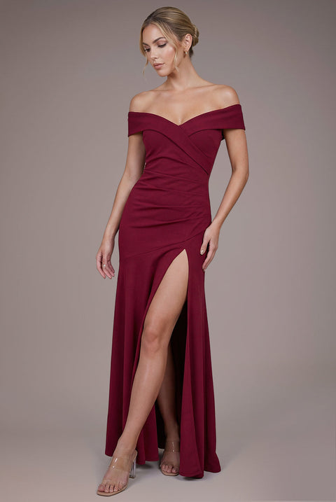 Goddiva Scuba Crepe Off Shoulder Front Split Maxi Dress - Wine