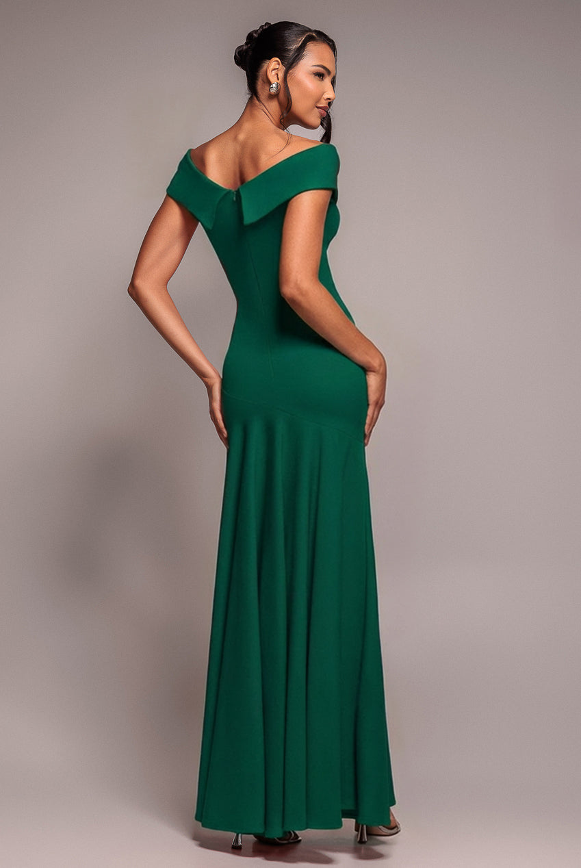 Goddiva Scuba Crepe Off Shoulder Front Split Maxi Dress - Emerald
