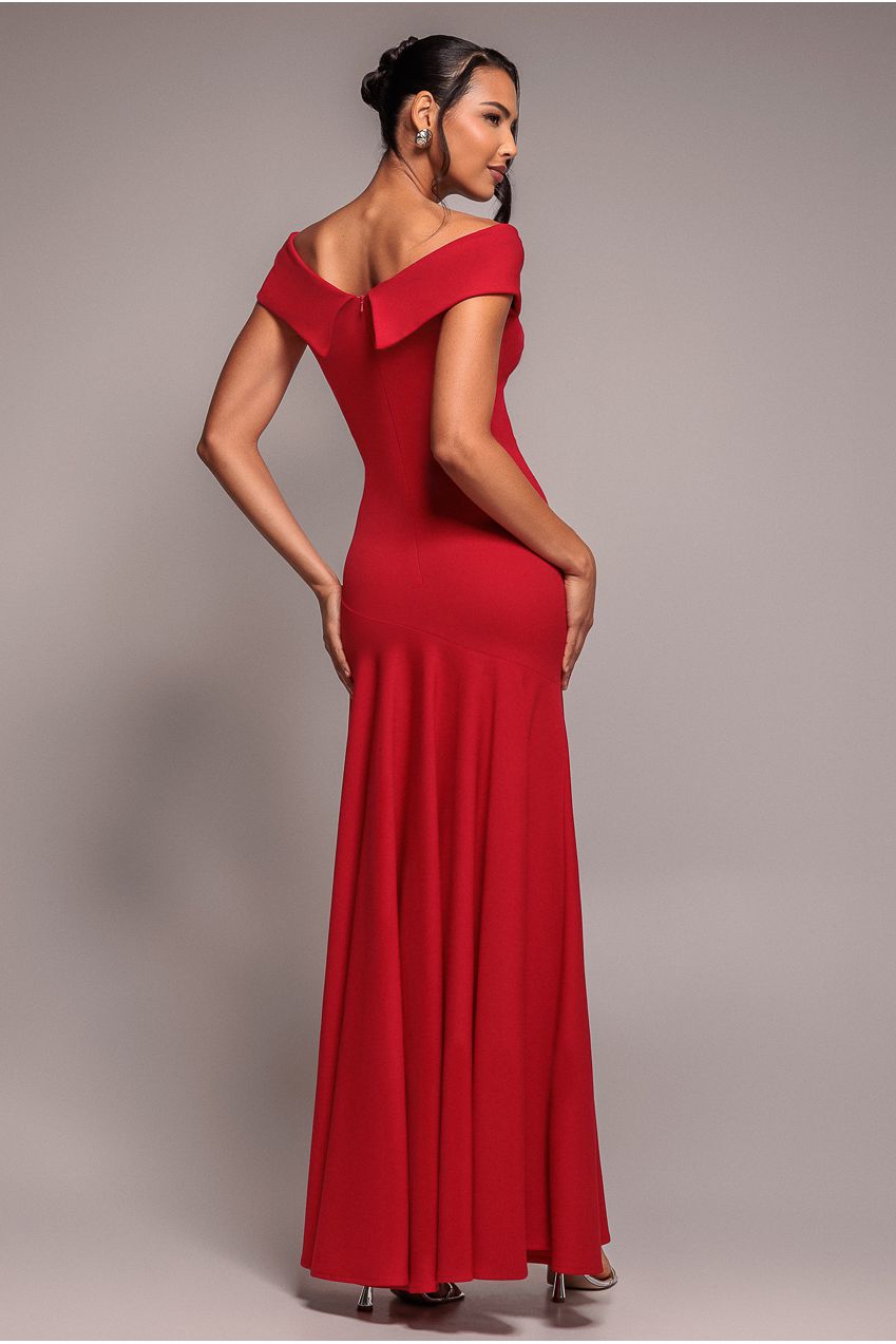 Goddiva Scuba Crepe Off Shoulder Front Split Maxi Dress - Red