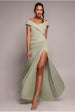 Goddiva Scuba Crepe Off Shoulder Front Split Maxi Dress - Sage Green