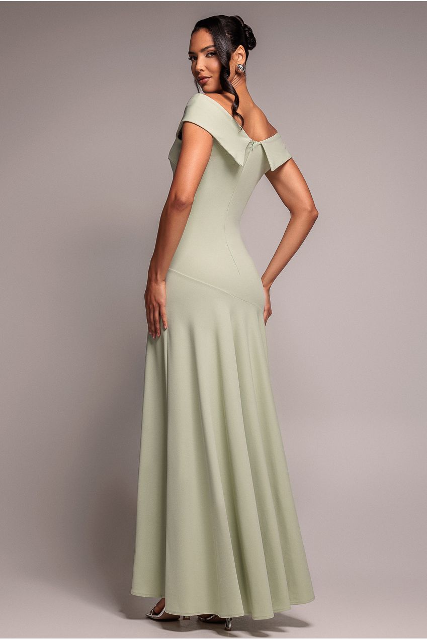 Goddiva Scuba Crepe Off Shoulder Front Split Maxi Dress - Sage Green