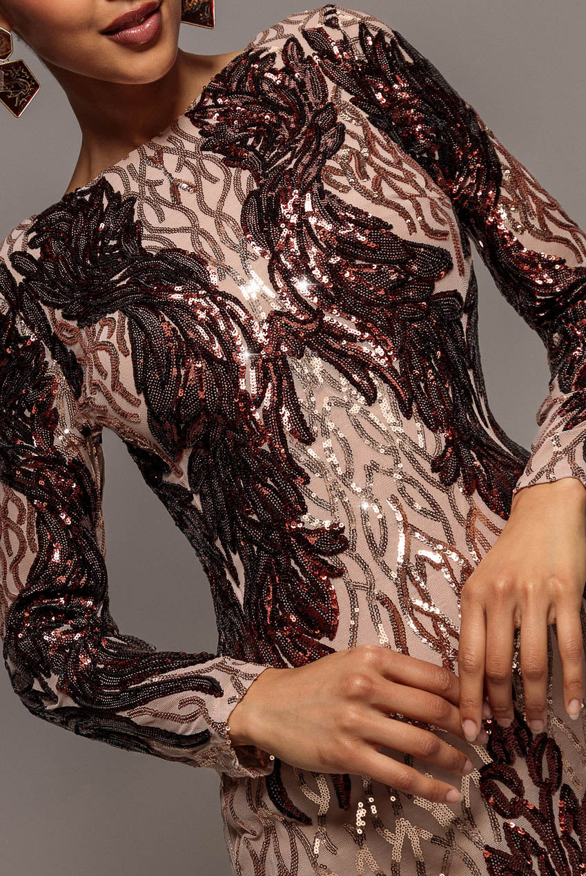 Goddiva Boat Neck Full Sleeve Sequin Midi Dress - Champagne