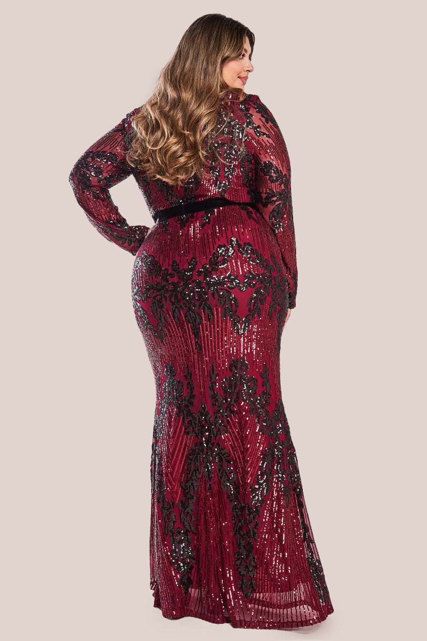 Goddiva Plus Long Sleeve Sequin Evening Maxi - Wine