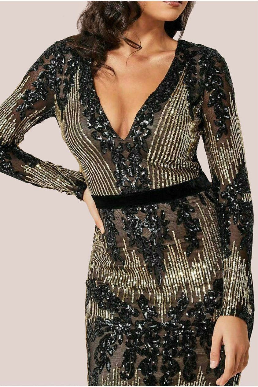 Goddiva Long Sleeve Sequin Evening Maxi Dress - Black