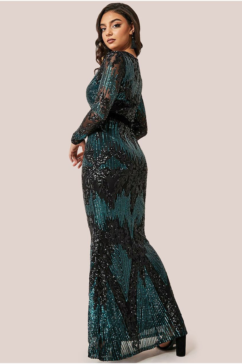 Goddiva Long Sleeve Sequin Evening Maxi Dress - Emerald