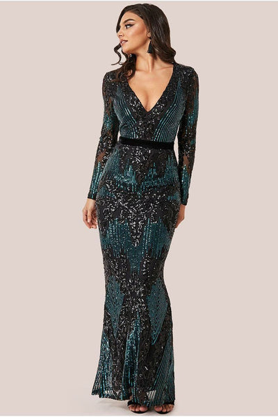 Emerald - Goddiva Long Sleeve Sequin Evening Maxi Dress - Emerald
