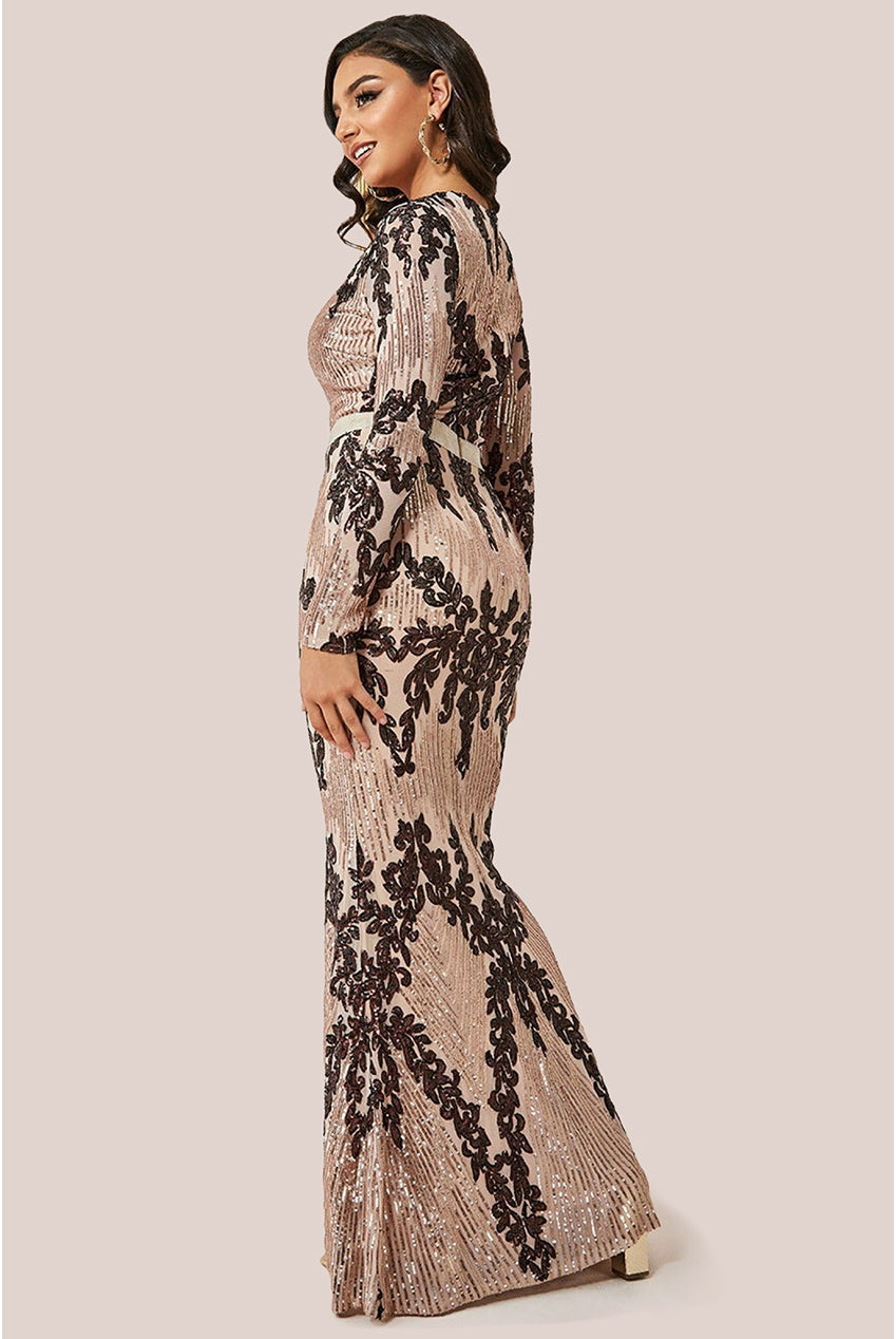 Goddiva Long Sleeve Sequin Evening Maxi Dress - Champagne