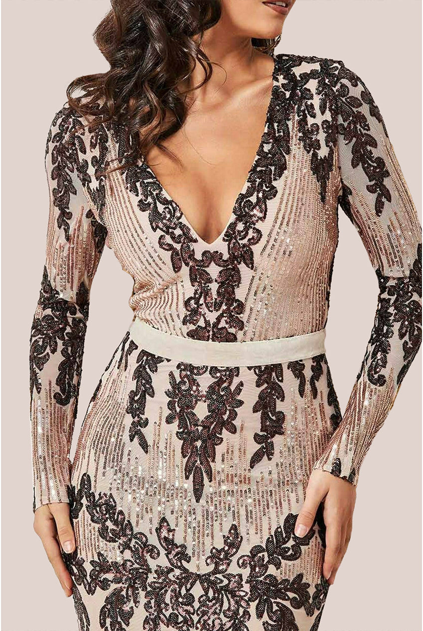 Goddiva Long Sleeve Sequin Evening Maxi Dress - Champagne