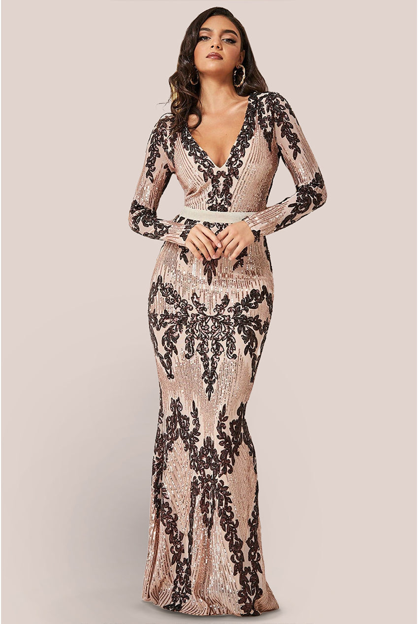 Goddiva Long Sleeve Sequin Evening Maxi Dress - Champagne