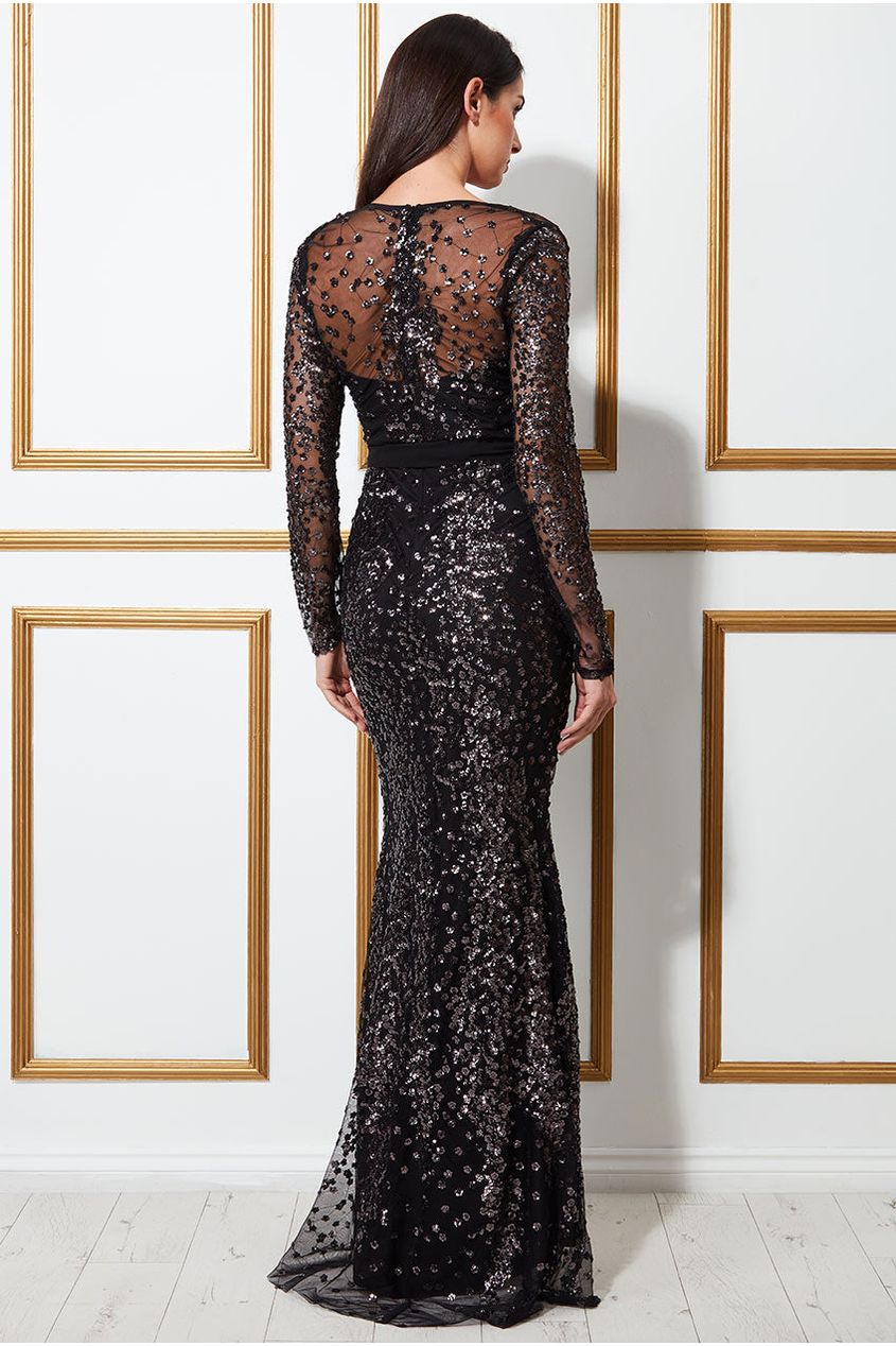 Goddiva Spread On Sequin Maxi Dress With Belt - Black