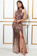 Goddiva Sequin Embroidered Halterneck Evening Maxi - Champagne