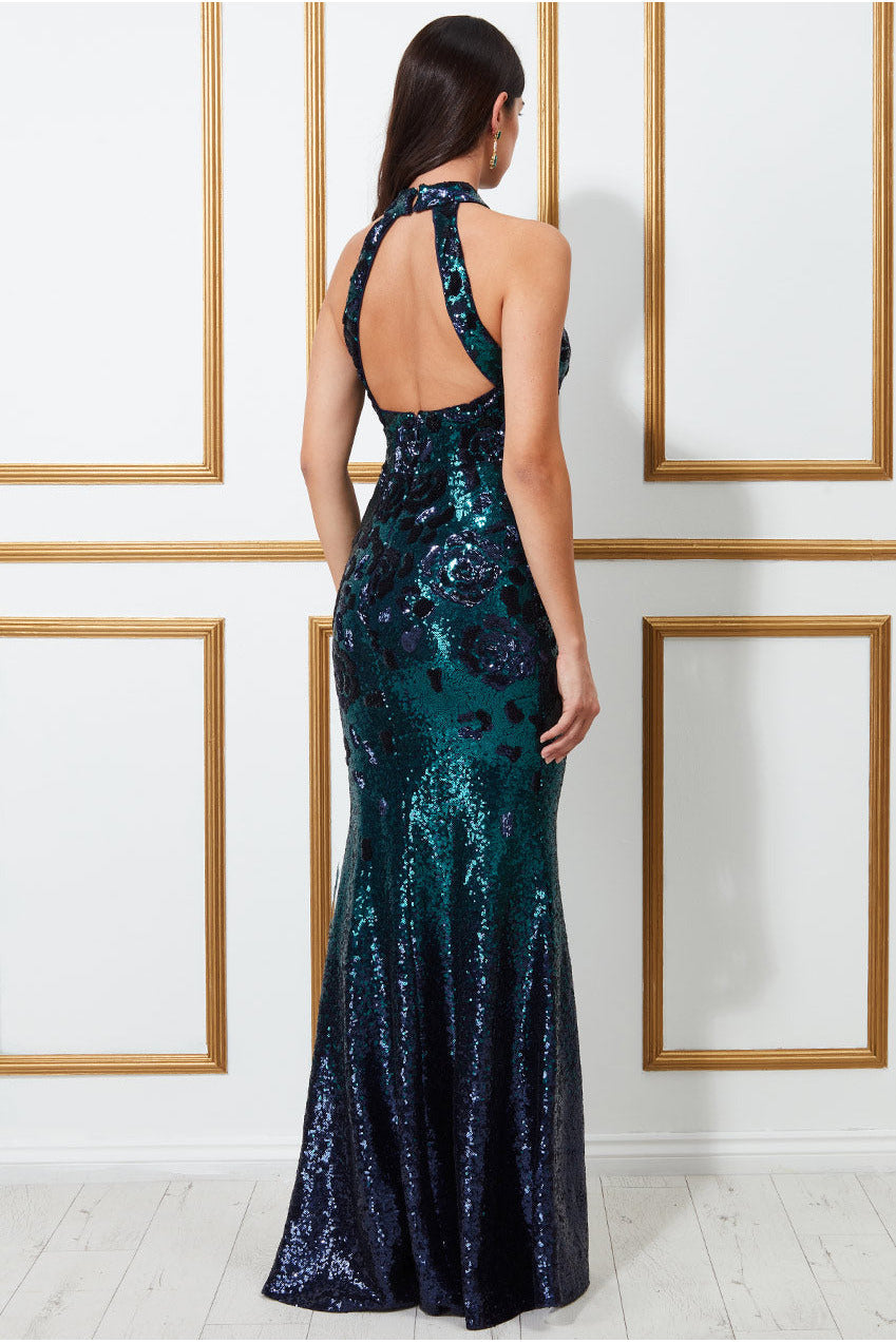 Goddiva Sequin Embroidered Halterneck Evening Maxi - Emerald