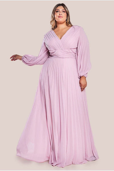 Pink - Goddiva Plus Balloon Sleeve Chiffon Maxi Dress - Pink