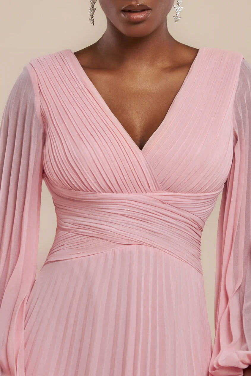 Goddiva Balloon Sleeve Chiffon Maxi Dress - Blush Pink