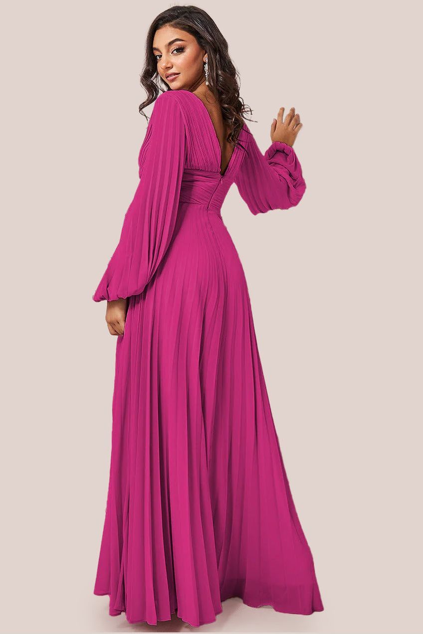 Goddiva Balloon Sleeve Chiffon Maxi Dress - Magenta