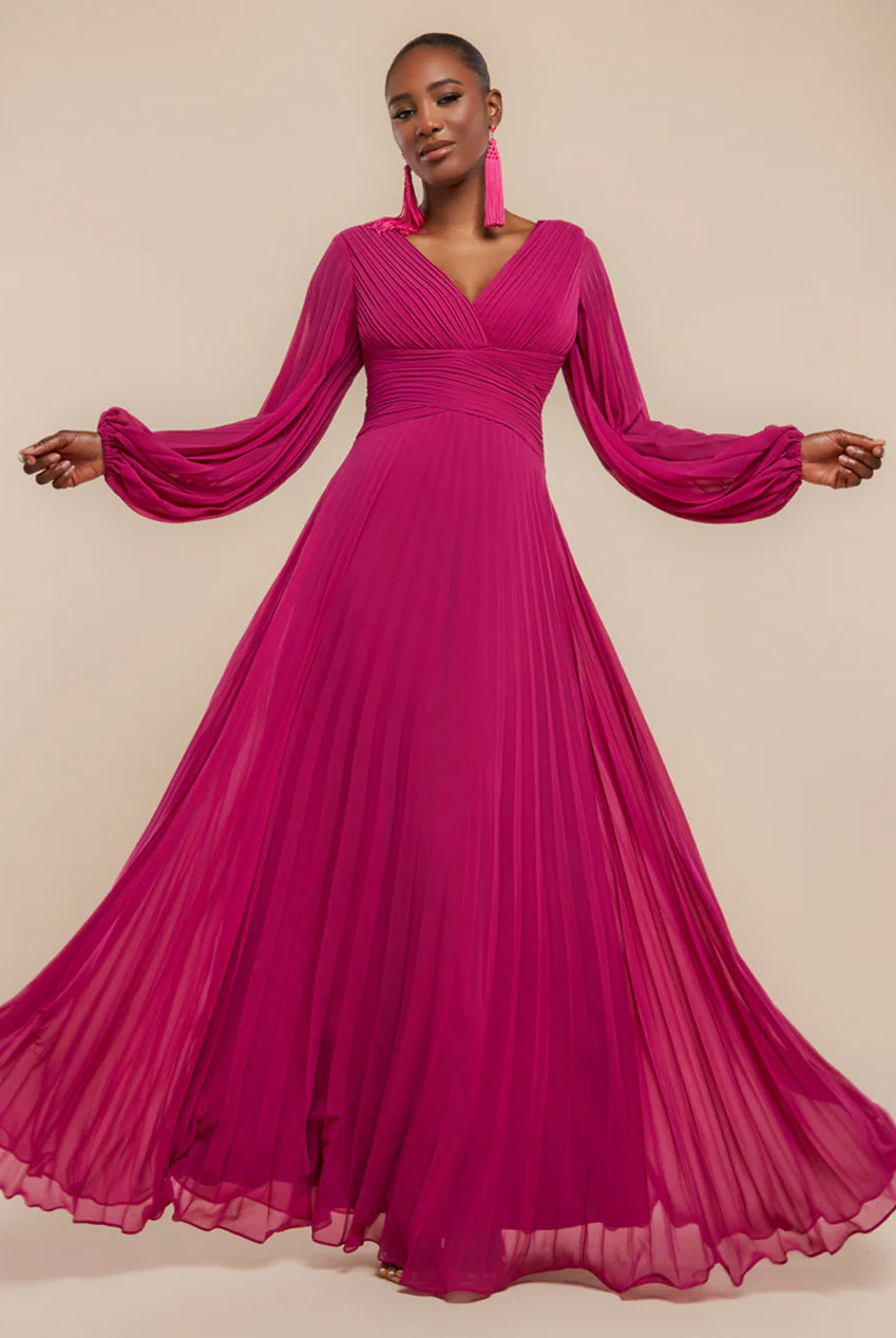 Goddiva Balloon Sleeve Chiffon Maxi Dress - Magenta