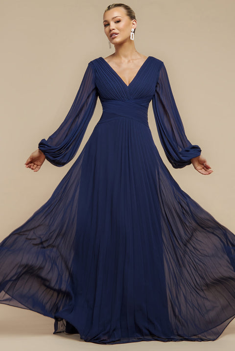 Goddiva Balloon Sleeve Chiffon Maxi Dress - Navy Blue