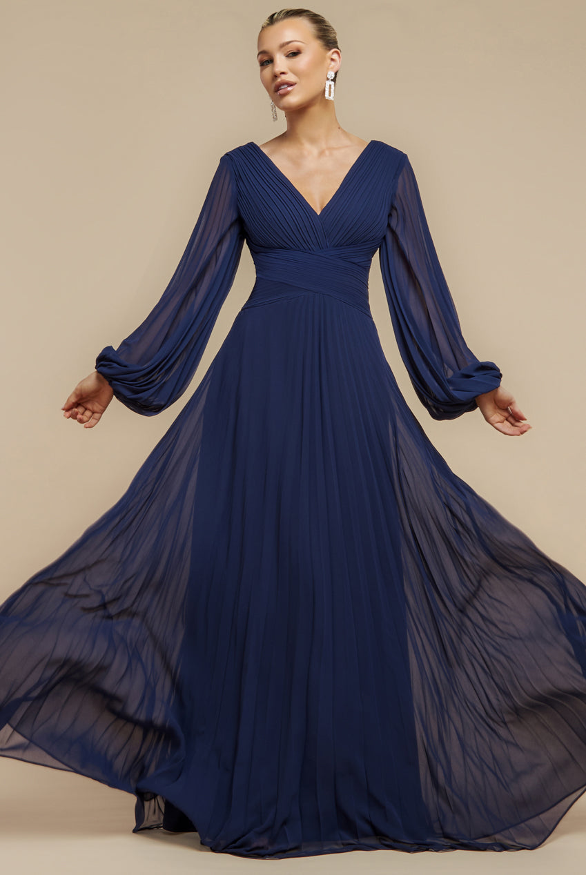 Goddiva Balloon Sleeve Chiffon Maxi Dress - Navy Blue