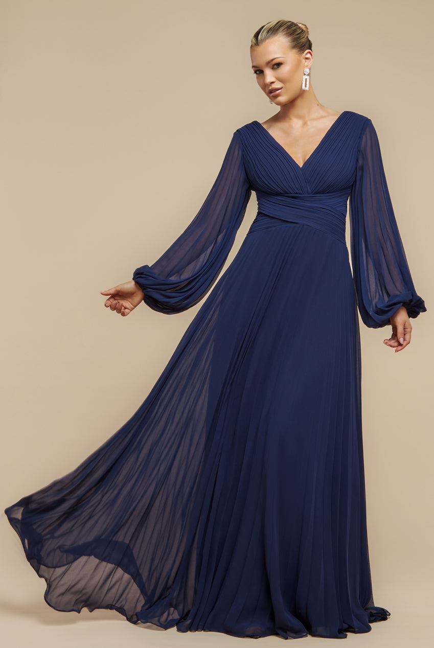 Goddiva Balloon Sleeve Chiffon Maxi Dress - Navy Blue