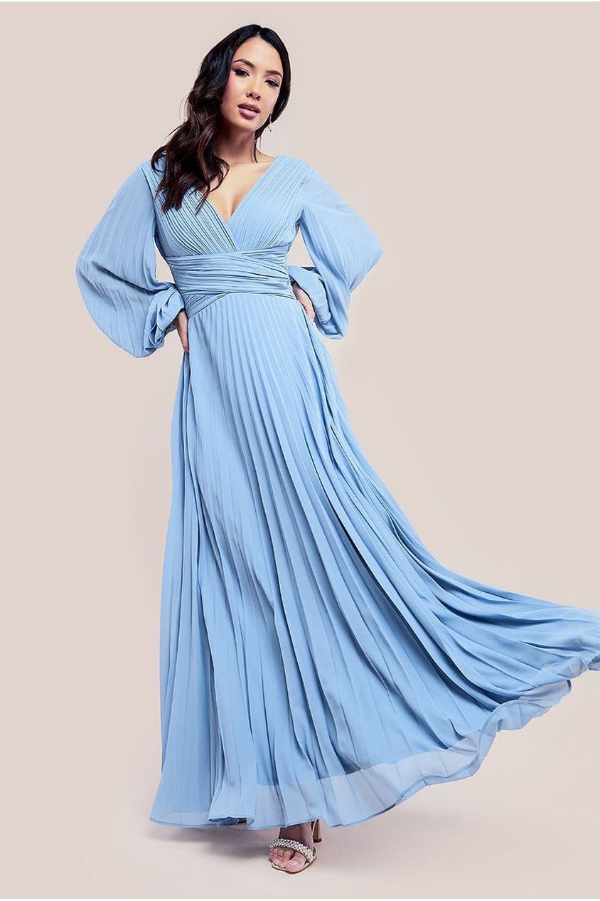 Goddiva Balloon Sleeve Chiffon Maxi Dress - Dusky Blue