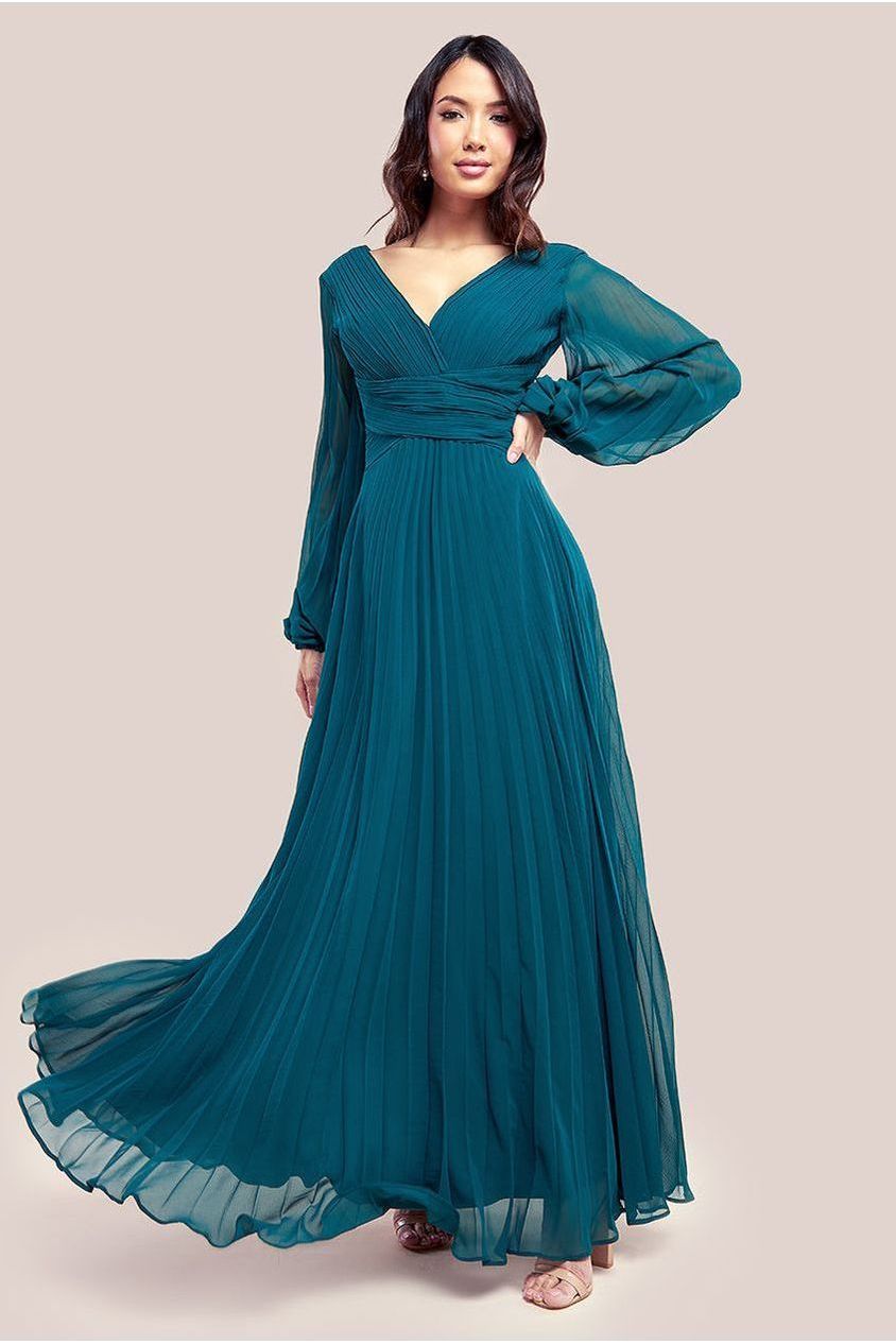 Goddiva Balloon Sleeve Chiffon Maxi Dress - Emerald Green