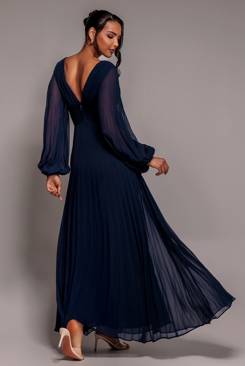 Goddiva Balloon Sleeve Chiffon Maxi Dress - Navy Blue