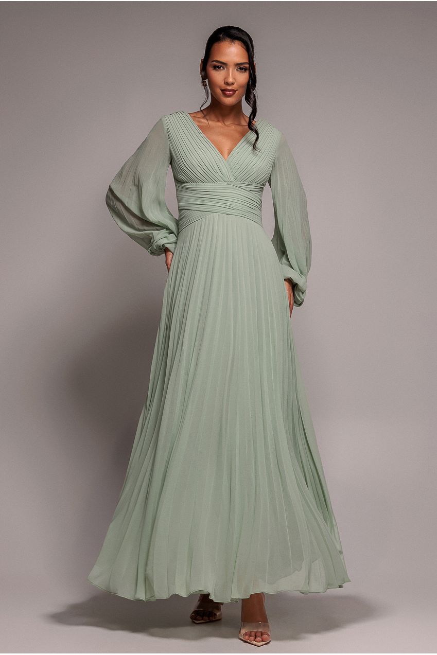 Goddiva Balloon Sleeve Chiffon Maxi Dress  - Sage Green