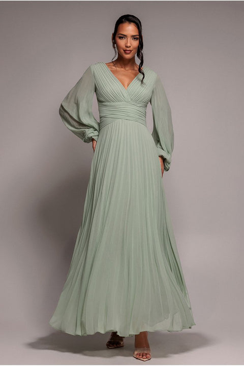 Goddiva Balloon Sleeve Chiffon Maxi Dress  - Sage Green