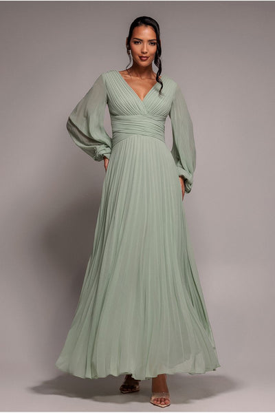 SageGreen - Goddiva Balloon Sleeve Chiffon Maxi Dress  - Sage Green