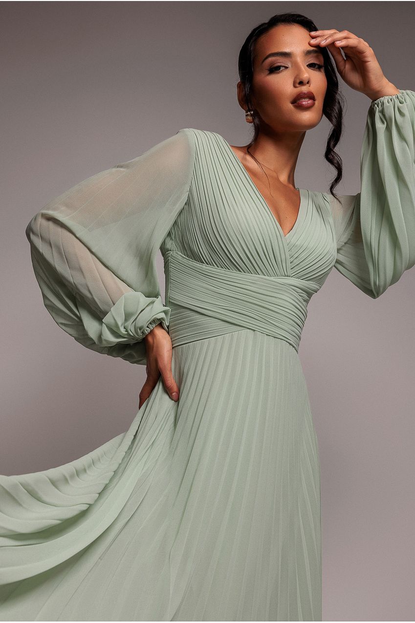 Goddiva Balloon Sleeve Chiffon Maxi Dress  - Sage Green