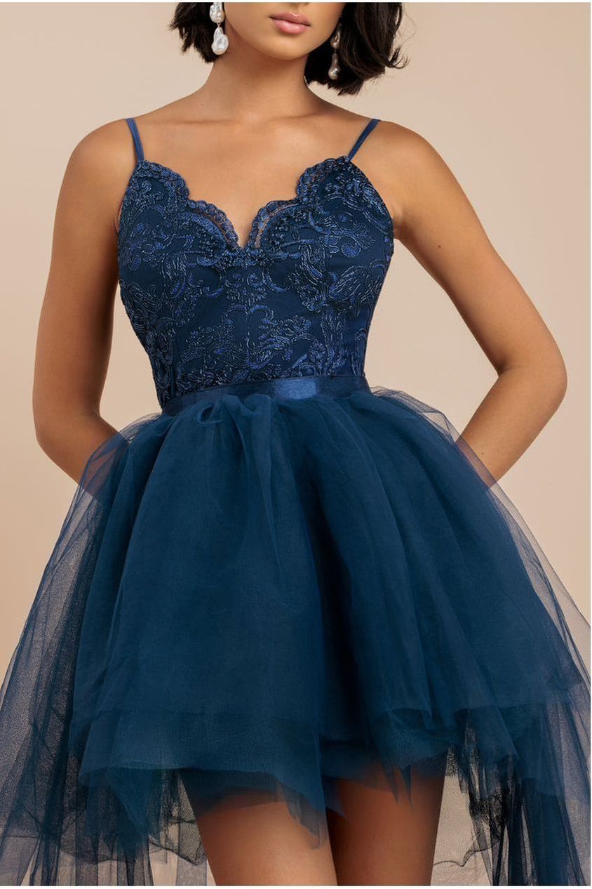 Goddiva High Low Tulle Mini With Lace Bodice - Navy