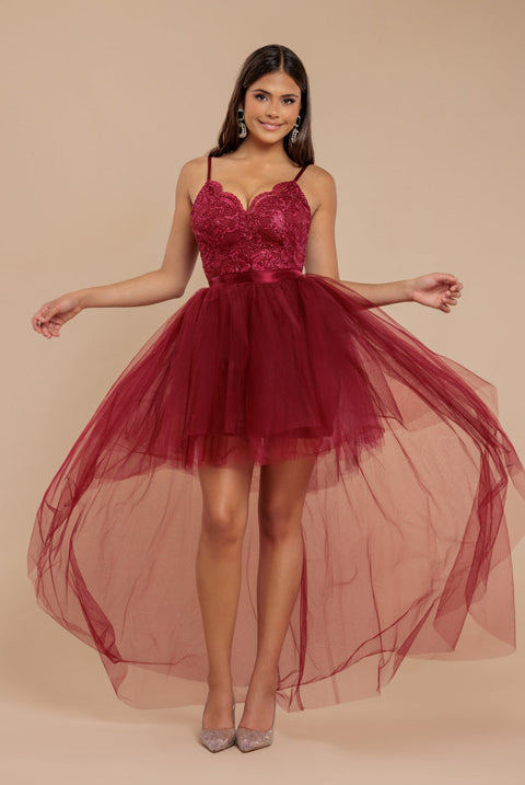 Goddiva High Low Tulle Mini With Lace Bodice - Wine
