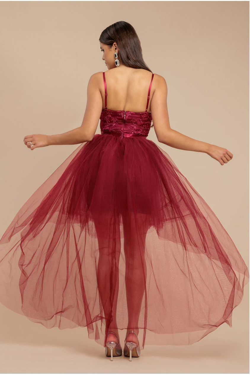 Goddiva High Low Tulle Mini With Lace Bodice - Wine