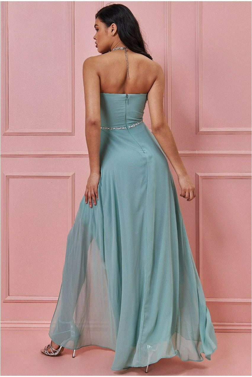 Goddiva Bardot Chiffon Maxi Dress With Belt - Sage Green