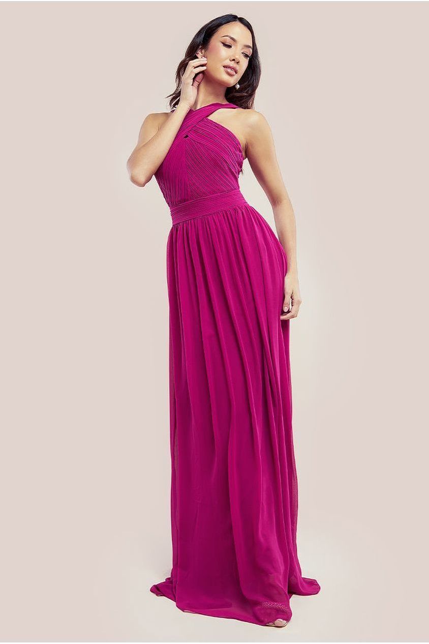 Goddiva Halter Neck Chiffon Maxi Dress - Magenta