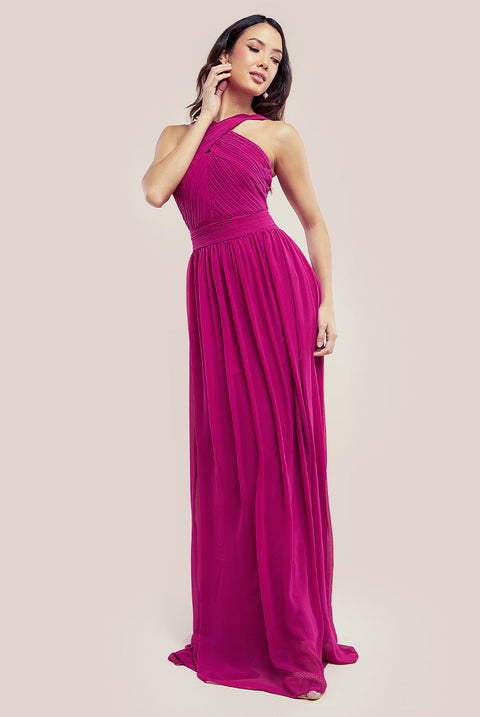 Goddiva Halter Neck Chiffon Maxi Dress - Magenta