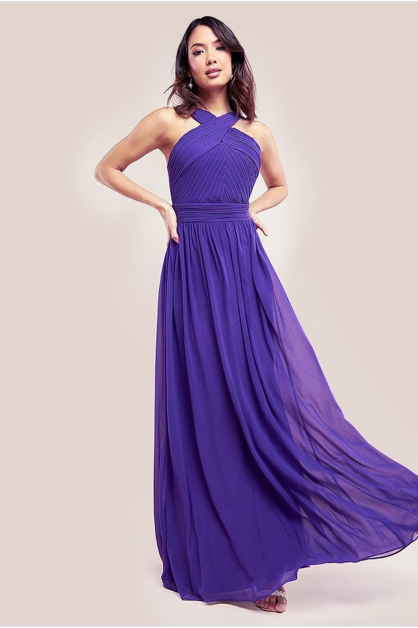 Goddiva Halter Neck Chiffon Maxi Dress - Purple